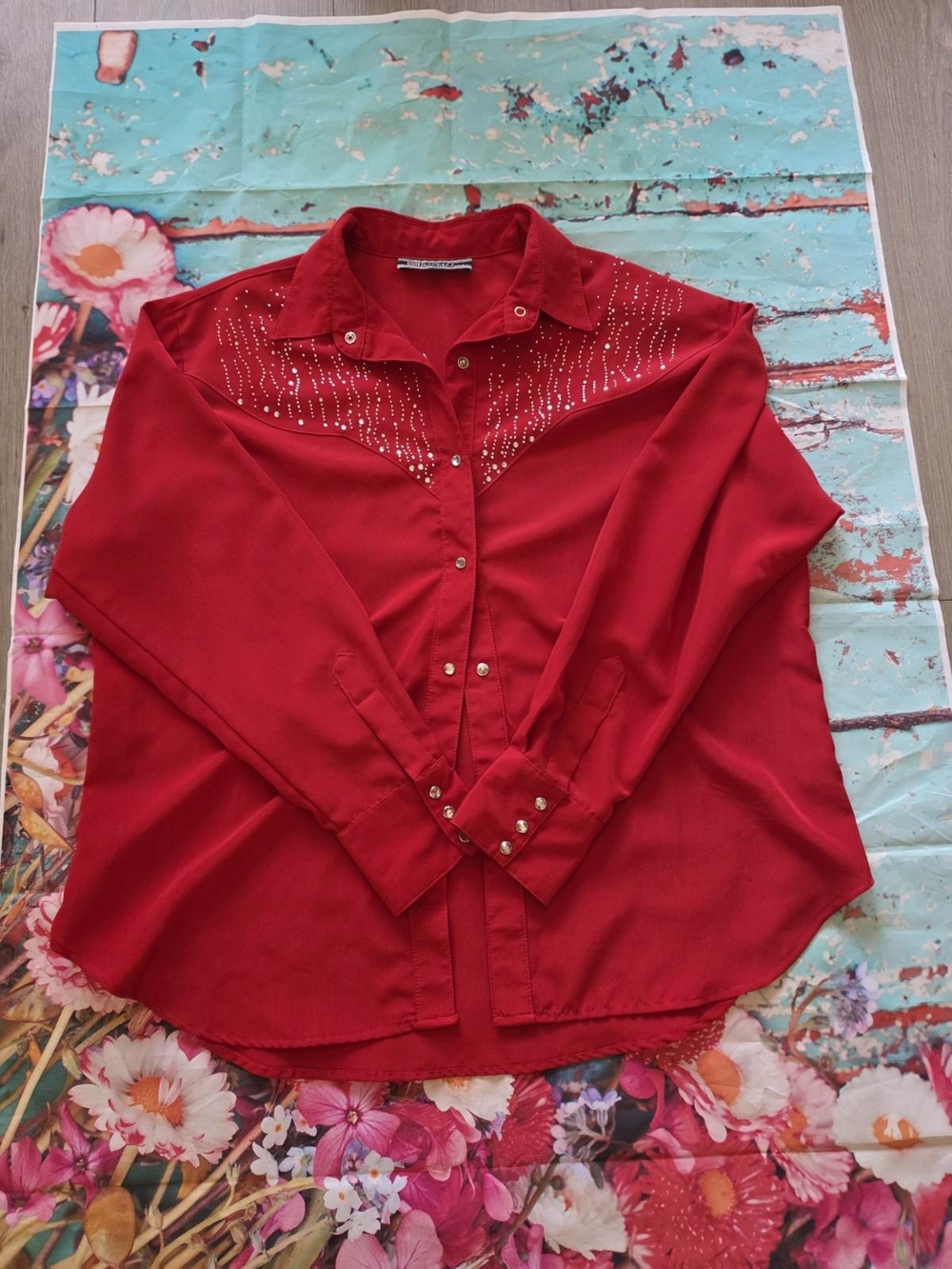 Daniali Vintage Red Embellished Western-Style Women’s Button-Up Top